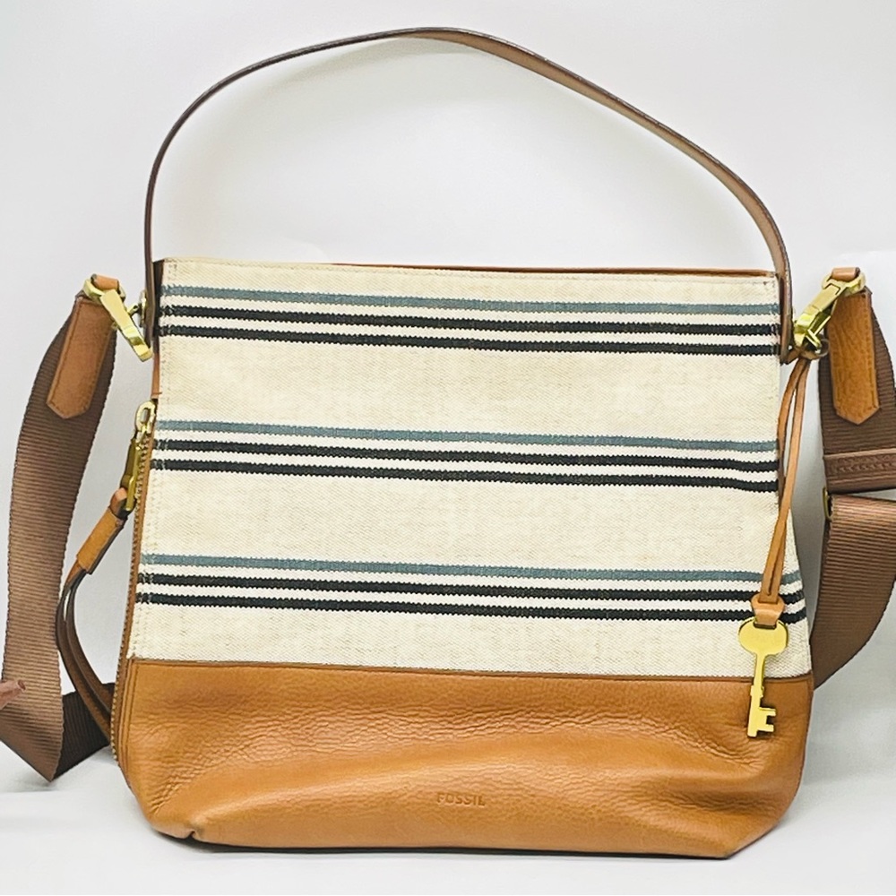 Fossil Maya Leather/Canvas Convertible M Sized Shoulder Strap Multi Pockets Bag
